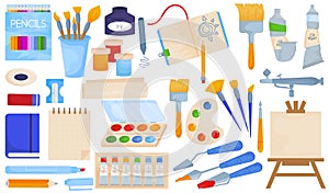 Art tools, isolated on white collection, vector illustration. Paint, brush, palette, pencil for creative education