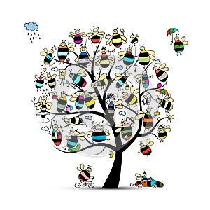 Art tree with family bees, sketch for your design