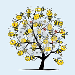 Art tree with Funny Bees family. Beehive concept for your design