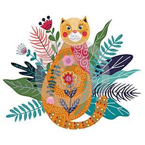 Art vector colorful isolated illustration with cute ginger cat, flower and grass
