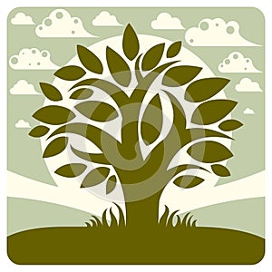 Art vector graphic illustration of stylized branchy tree and spring peaceful landscape with clouds, countryside view. Beautiful n