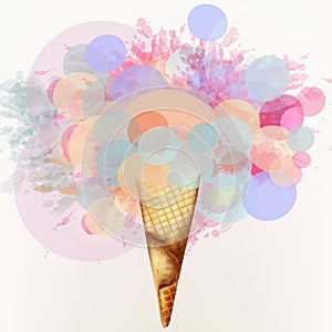 Art vector illustration with ice cream from abstract colored circles and ink spots