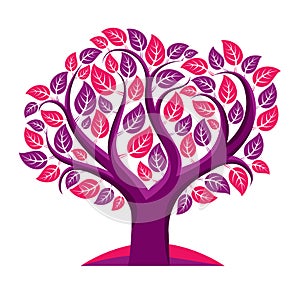Art vector illustration of tree with purple leaves, spring season, can be used as symbol on ecology theme.