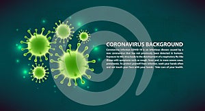 Art. Vector virus banner on a dark green background. COVID-19. Human health, bacteria, microorganisms, viral cell.
