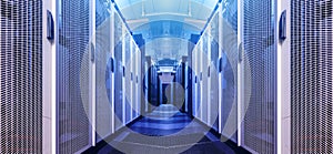 Art visualization corridor of data warehouse in warning red toning. Design web hosting technology big data center background.