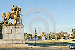 The Art of War and the Art of Peace Bronze Statues in Lincoln Memorial Circle, Washington DC, USA, on a Sunny Day