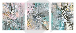 Art Watercolor and Acrylic smear blot painting triptych. Abstract texture color stain brushstroke backgrounds set