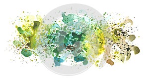 Art Watercolor flow blot with drops splash. Abstract texture green color stain on white horizontal long background