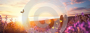 Art Wild flowers in a meadow at sunset. Macro image, shallow depth of field. Abstract august summer