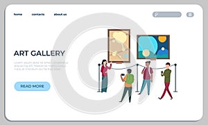 Art works landing page. Viewers walk and watch painting and artworks website. Vector contemporary art exhibition webpage