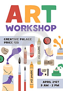 Art workshop promo flyer design. Vertical ad banner of creative drawing class, school in painting atelier, studio