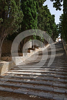 Arta, Spain - 10 July, 2023: Steep steps up to Santuari de Sant Salvador, Arta, Mallorca