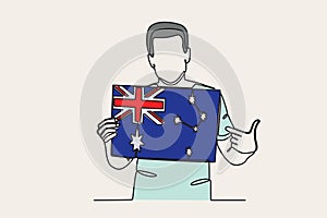 Colored illustration of a man pointing at the Australian flag