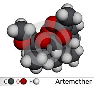 Artemether molecule. It is used for the treatment of malaria. Molecular model. 3D rendering