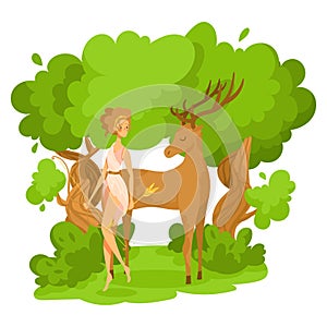 Artemis female character greek god hunting bow, animal deer stand craft ground isolated on white, cartoon vector
