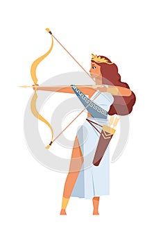 Artemis Greek goddess. Ancient god of hunt. Cartoon mythological divine character shoots from golden bow. Young woman in