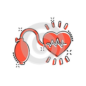 Arterial blood pressure icon in comic style. Heartbeat monitor cartoon vector illustration on isolated background. Pulse diagnosis