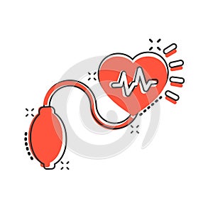 Arterial blood pressure icon in comic style. Heartbeat monitor cartoon vector illustration on isolated background. Pulse diagnosis