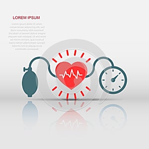 Arterial blood pressure icon in flat style. Heartbeat monitor vector illustration on isolated background. Pulse diagnosis sign