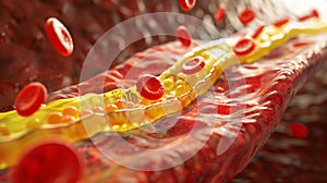 Arterial plaque formation shown in high resolution. Cholesterol blocking blood flow. Educational tool for understanding