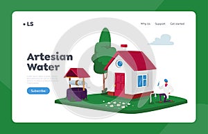 Artesian Water Well Drilling, Resource Extraction Landing Page Template. Character at House Front Yard Hold Test Tube