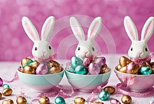 Artful arrangement of Easter chocolate bunnies and pastel candies, with blurred festive ribbons in the background. AI