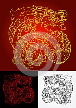 Artful Asian dragon gold, red and black contour