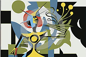 Artful character with raised arm geometric form with abstract shapes and lines, shape of their and plant abstract
