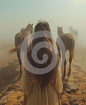 Artful Cinematic Portrait of a Young Equestrian Girl Amidst Steeds in a Misty Desert Landscape