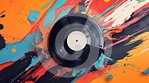 An artful display of music with a freezeframe of a vinyl record in midspin
