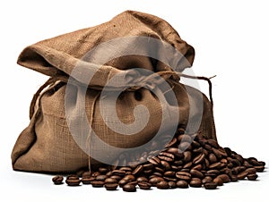 Artful Elegance: Coffee Beans Display in Rustic Sack Against Pristine White Backdrop