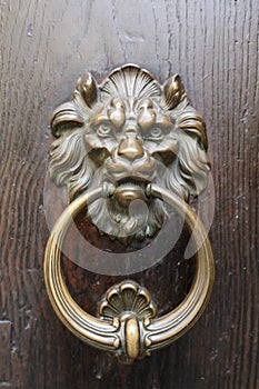 Artful lion head as a door knocker on an antique door in Italy