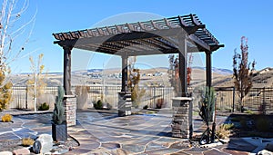 Artful Metal Pergola with Wooden Purlin Accents on Vibrant Patio Canvas photo