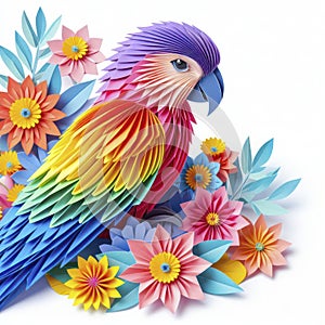 Artful Papercraft: Kirigami Parrot Amidst Vibrant Blossoms, Isolated on White for Maximum Allure