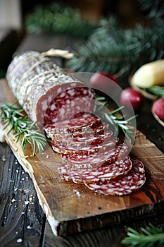 Artful presentation of sliced salami on a wooden board.