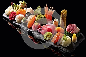 artful presentation of sushi platter with garnishes