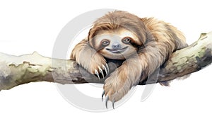 Artful Watercolor Sloth Hanging Lazily Smiling on White Background AI Generated