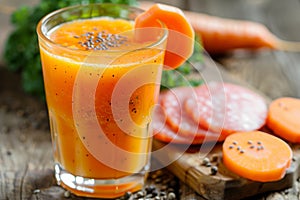 Artfully arranged cured ham slices, fresh carrot juice, and homemade mustard sauce on wooden table