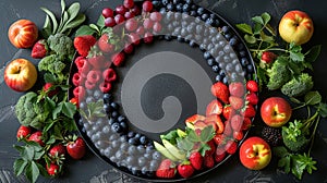 Artfully arranged fruits and vegetables encircle an empty black plate, offering a visually appeali