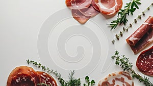 Artfully arranged selection of cured meats with fresh herbs and spices