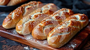 Artfully arranged still life of crusty baguettes and soft rolls, scattered with flour for a rustic