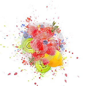 Artfully and lovingly designed fruit explosion with raspberries, blackberries, strawberries, kiwis, lemon and water