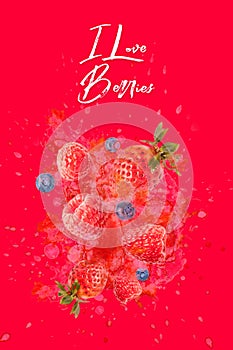 Artfully and lovingly designed photomontage with raspberries, blackberries, strawberries and water splashes in the