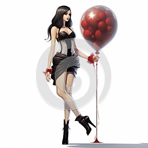 Artgerm-inspired Lady In Black Dress With Red Balloon
