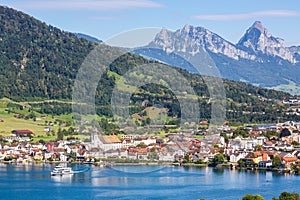 Arth at lake Zug in the Swiss Alps mountains with Kleiner and Grosser Mythen mountain peaks in Switzerland