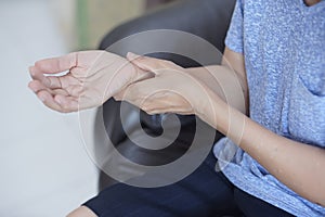 arthritis old person and Elderly woman female suffering from pain at home photo