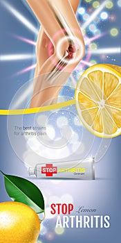 Arthritis Pain Relief Ointment ads. Vector 3d Illustration with Tube cream with lemon extract.