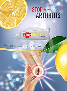 Arthritis Pain Relief Ointment ads. Vector 3d Illustration with Tube cream with lemon extract.