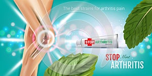 Arthritis Pain Relief Ointment ads. Vector 3d Illustration with Tube cream with peppermint extract.