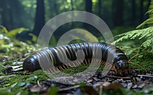 An Arthropleura emerges from the dense, verdant undergrowth of the forest, its imposing form and distinctive markings photo